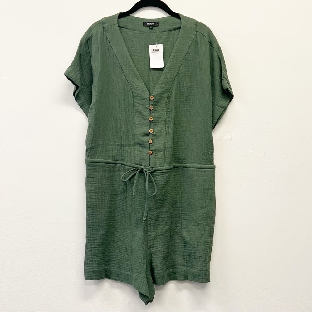 Wishlist Gauze Drawstring Romper— Olive Green Size Large